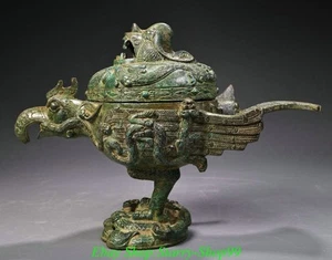 10" Old Chinese Shang Dynasty Bronze Ware Phoenix Bird Zun Incense Burner Censer - Picture 1 of 12