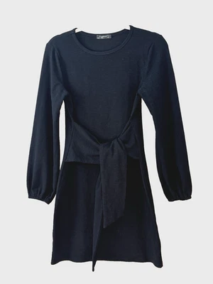 Women S Black Dress LBD Balloon Sleeve Tie Front Waist Minimalist Capsule Office - Image 1 of 4