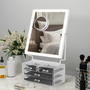 LED Lighted Makeup Mirror Hollywood Rotation Mirror with Storage Box Tabletop - Picture 1 of 12