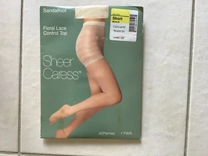 SHEER CARESS FLORAL LACE CONTROL TOP PANTYHOSE BONE 81 SZ SHORT - Picture 1 of 2
