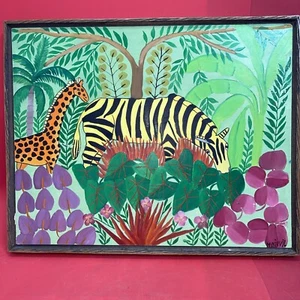 Haitianische Dschungelkunst, Künstler M. Mirvil brillante Farben signiert gerahmt 16Hx20B - Bild 1 von 6
