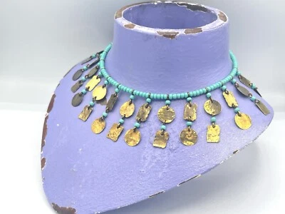 Collar Gargantilla Vintage Turquesa Aqua Cuentas Latón Cuelga Dijes Joyería Foto 1 de 4