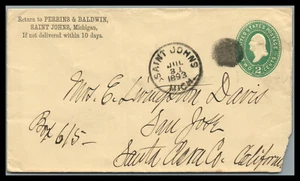 US Saint Johns Michigan MEHRFACH FRANKIERTER BRIEF 1893 RÜCKMARKEN nach Santa Clara - Bild 1 von 2