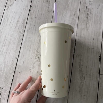 PREOWEND KATE SPADE GOLD DOT TUMBLER WITH PURPLE STRAW  - Image 1 of 4