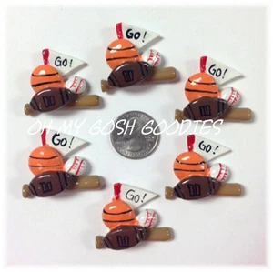 6PC SPORTS FOOTBALL BASEBALL BASKETBALL FLATBACK RESINS CHEER 4 HAIRBOW CENTER - Picture 1 of 1