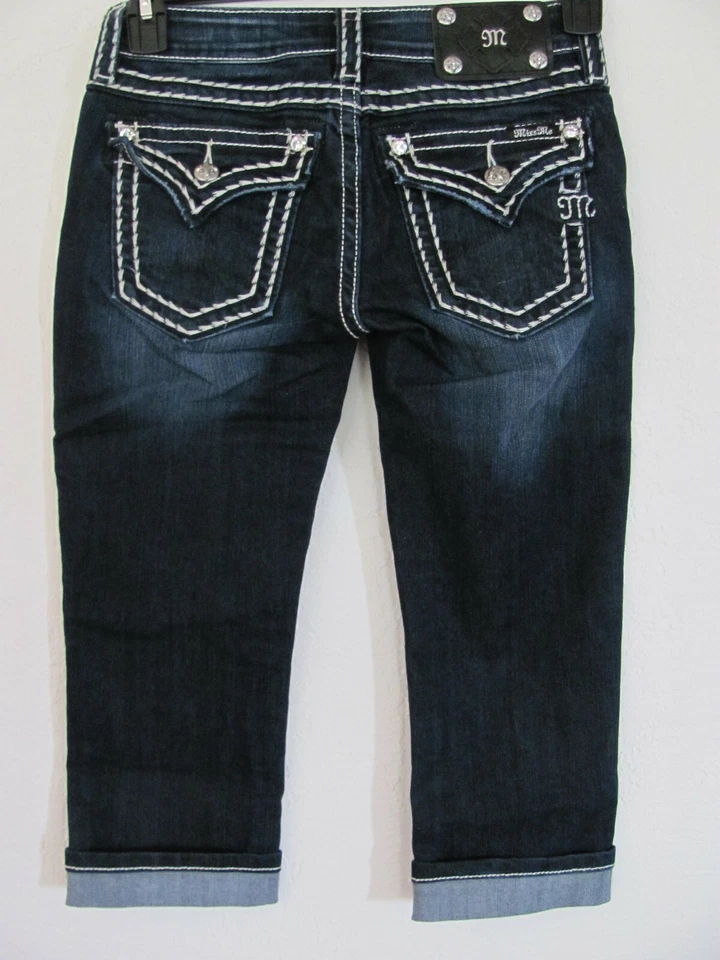 Miss Me Jeans 25 Dark Blue Signature Cuffed Capri Embroidered Pockets