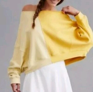 Sundry Cropped Colorblock Yellow Off-Shoulder Oversized Sweatshirt NWT 1/Sz USA - Picture 1 of 6