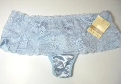 Secret Treasures Satin/Embroidered Lace Skong Thong Panties Size 5 Blue - Image 1 of 4
