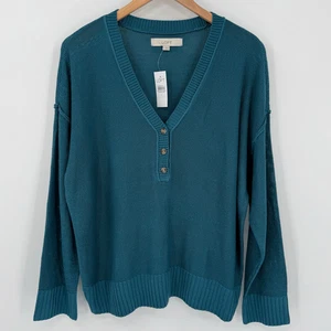 Loft Textured Stitch Henley Sweater Long Sleeve V-Neck Teal Women Large NWT - Picture 1 of 6