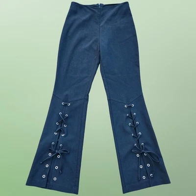 Vintage 90s Y2K Black Lace Up Bootcut Flare Pants Size M Stretch Goth Grunge - Image 1 of 4