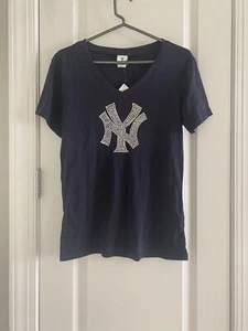 NWT Women Soft As A Grape New York Yankees SZ S V-neck T-shirt Shiny Logo Cotton - Picture 1 of 6