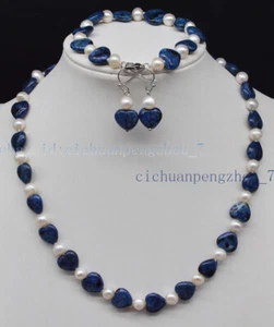 7-8 mm weiße Perle & 12 mm blau Labradorit Herz Perlen Halskette Armband Ohrringe - Bild 1 von 6