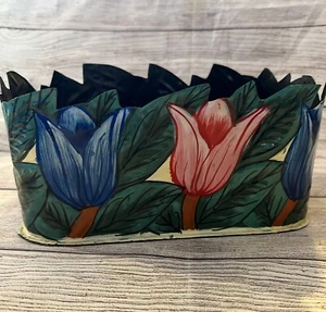 Metal Toleware Tin Rectangular Container Planter Blue Red Tulips India Easter - Picture 1 of 10