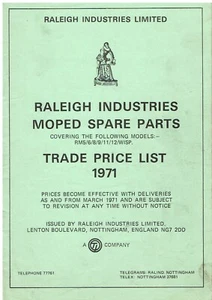 RALEIGH RM5 RM6 RM8 RM9 RM11 RM12 WISP SPARE PARTS ORIG. 1971 FACTORY PRICE LIST - Picture 1 of 1