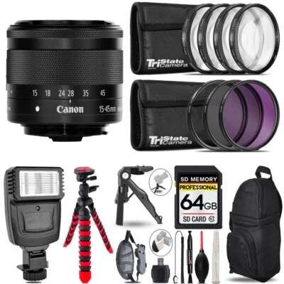Canon EF-M 15-45mm f/3.5-6.3 IS STM Lens Graphite+Flash+MACRO UV-CPL-FLD-64GB - Image 1 of 4