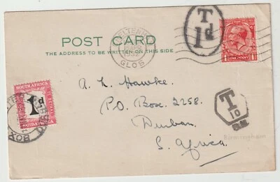 1932 CHELTENHAM GLOUCS 1d P/C 'EXPRESS STAMP SERVICE' 2 TAXE MARKS TO S AFRICA - Image 1 of 2