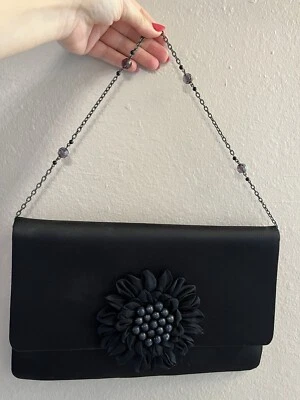 Black satin/silk fabric large clutch/shoulder with beaded/chain handle - Image 1 of 4