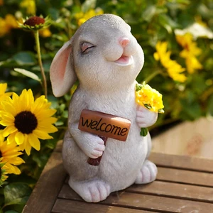 Garden Decor Bunny Statue with Welcome Sign Solar Outdoor Rabbit Decoration with - Picture 1 of 12