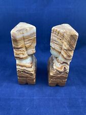 Pair of Vintage Carved Stone Onyx Marble Aztec Mayan Tiki Statue Bookends MCM