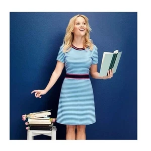 Draper James Stripe Presley Ponte Kleid Gr. L Neu Blau Weiß Kurzarm - Bild 1 von 8