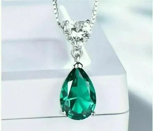 Lab-Created 3Ct Pear Cut Emerald & Diamond Pretty Pendant 14K White Gold Plated - Picture 1 of 5