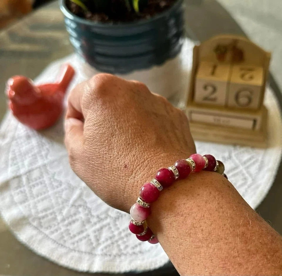 Natural Pink Watermelon Tourmaline Gemstone Beads Stretch Elastic Bracelet 7.5'' - Image 1 of 1