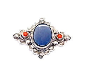 Vintage Sterling Silber Onyx Anstecknadel Koralle Indianer Coriz Familie - Bild 1 von 9