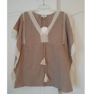 Poncho caftano Hayden Los Angeles marrone avorio bordo pizzo cotone garzato M NUOVO boho - Foto 1 di 4