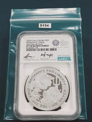 2024 UK S2£ 2OZ BRITANNIA & LIBERTY NGC PF70 FDOI (2) LABELS (3) SIGNATURES S154 - Image 1 of 2