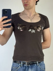 Y2K 2000's brown Gas ruffle sequin embellished baby tee Size M UK 10 - Picture 1 of 11