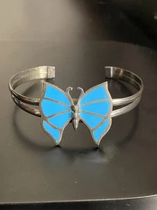 Vintage Native American Sterling Silver & Turquoise Butterfly Cuff Bracelet - Picture 1 of 8