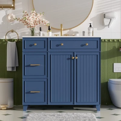 Tocador de baño de 36" con fregadero de cerámica moderno armario de almacenamiento con puertas de cierre suave Foto 1 de 4