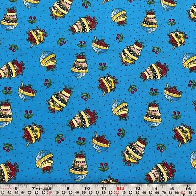 Mary Engelbreit by Cranston 2010 Bowls of Cherries Blue Cotton by the HALF YARD - Image 1 of 2