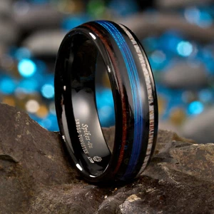 8mm Line-Whiskey ATOP Tungsten Ring Men’s Wedding Band Deer Antler - Picture 1 of 8