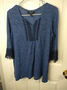 Style & Co Woman PL Blue V Neck Pullover 3/4 Fringe Sleeve Pullover Sweater - Picture 1 of 9