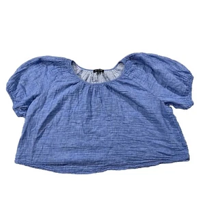 Top manga abullonada J Crew para mujer talla XL recortado relajado azul lino N1 - Imagen 1 de 4