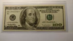 $100.00 Federal Reserve Star Note 1996 Circulated. Serial Number AB 13442348* - Picture 1 of 2