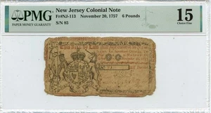 1757 November 20, 6 Pounds New Jersey Colonial Note FR#NJ-113 PMG F15 - Picture 1 of 2