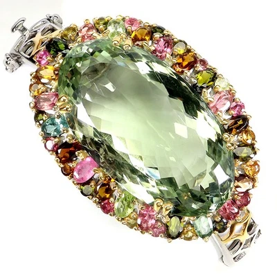 925 Sterling Silver Bangle Oval Amethyst 71ct Tourmaline Handmade Gemstone 6.5 - Image 1 of 4