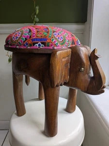 Carved Wooden Elephant Foot Stool Bright Flower Design Indian Boho - Picture 1 of 11
