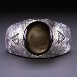 BLACK STAR SAPPHIRE DIAMOND RING WIDE 14k WHITE GOLD FLORENTINE FINISH 10gm MENS - Picture 1 of 1