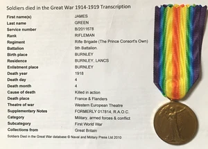 9th Bn Rifle Brigade Casualty Formerly R.A.O.C. WW1 Victory Medal Burnley Man. - Picture 1 of 2