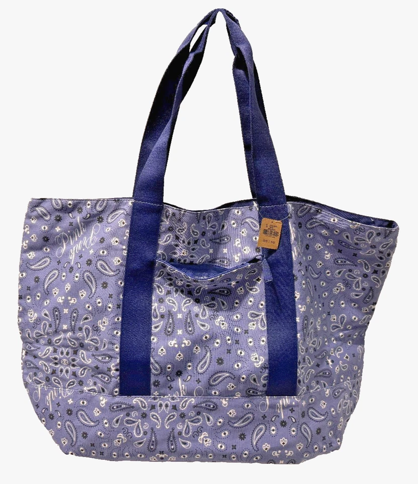 V S PINK Lg Canvas Tote Bag Blue Bandana Paisley Pockets