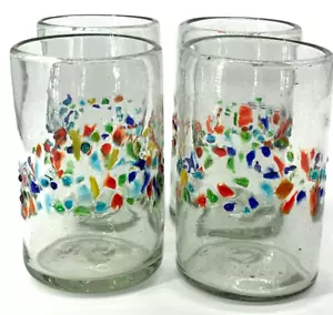 Set of 4 Hand Blown Tumbler Clear Drinking Glasses Confetti Color Band Mexico - Picture 1 of 9