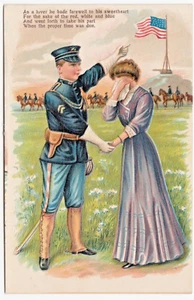 Soldier Bids Goodbye to his Sweetheart ~ Vintage Patriotic Romantic Postcard - Picture 1 of 2