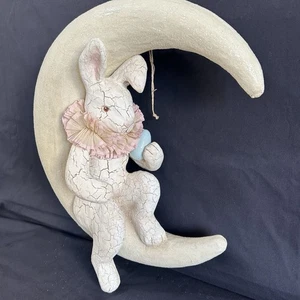 Bethany Lowe Hase auf Mond weiß Osterhase mit Korb Ei FEHLENDER KORB - Bild 1 von 10