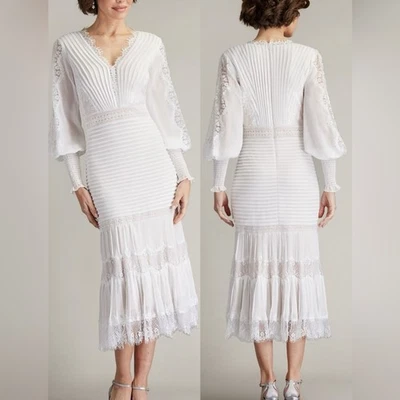 全新 Tadashi Shoji Nyssa 主教袖 蕾丝 Pintuck 长袖米迪连衣裙 尺寸 6 — 第 1/4 张图片