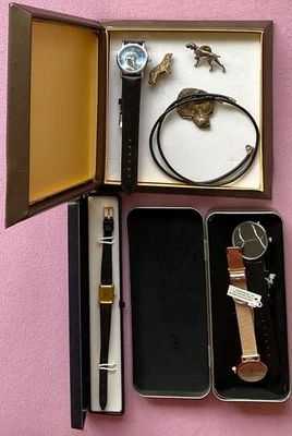 Mode Schmuck Set für Hunde Liebhaber 4x Armbanduhr 2x Brosche + 1 Kette NEU - Bild 1 von 4