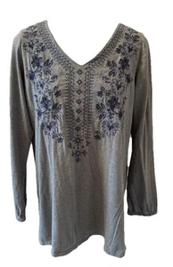Pure Jill Womens Tunic Top Blue Embroidered Jersey 3/4 Sleeves Bohemian “S” Slit - Picture 1 of 15