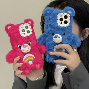 Couple Cartoon 3D Plush Rainbow Bear Phone Case For iPhone 11 12 13 14 Pro Max 